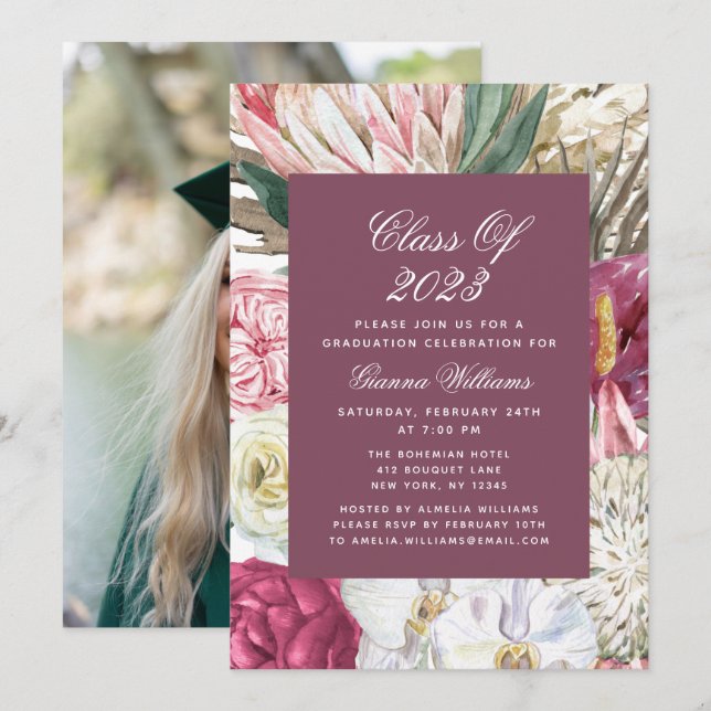 Klass av 2022 Vattenfärgsfoto Blommigt Studenten Inbjudningar (Fram/baksida)