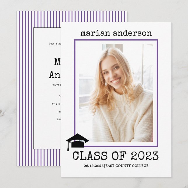 Klass av 2023-fotot för skrivmaskin lila studenten inbjudningar (Fram/baksida)