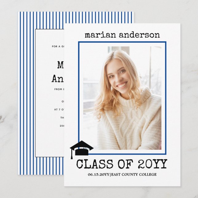 Klass av 2023-fotot med skrivmaskin Blue studenten Inbjudningar (Fram/baksida)