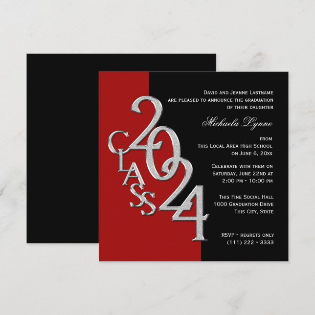 Klass av 2024 Grad Red and Black Inbjudningar (Fram/baksida)