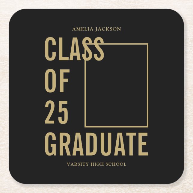 Klass av 2025 Black & Guld Photo Studentfest Underlägg Papper Kvadrat (Framsidan)
