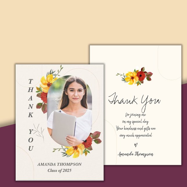 Klass av 2025 Blommigt Photo Studenten Tack Vykort (Class of 2025 Floral Photo Graduation Thank You Postcard)