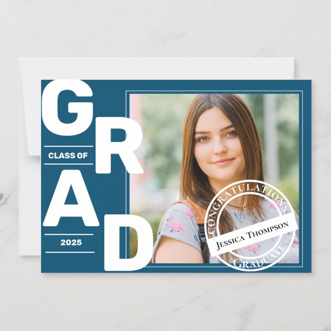 Klass av 2025 Blue Fold Font Photo Studenten Magnetisk Inbjudningskort (Framsida)