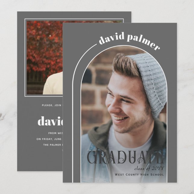 Klass av 2025 STUDENT arch-grått-foto Inbjudningar (Fram/baksida)