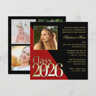 Klass av 2026 Guld Grad Red med foto Inbjudningar