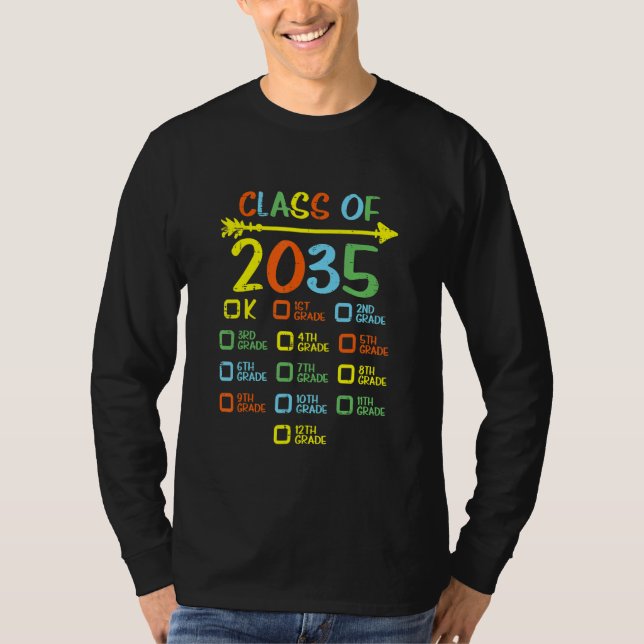 Klass av 2035 Grow with Me Checklist Kindergarten T Shirt (Framsida)