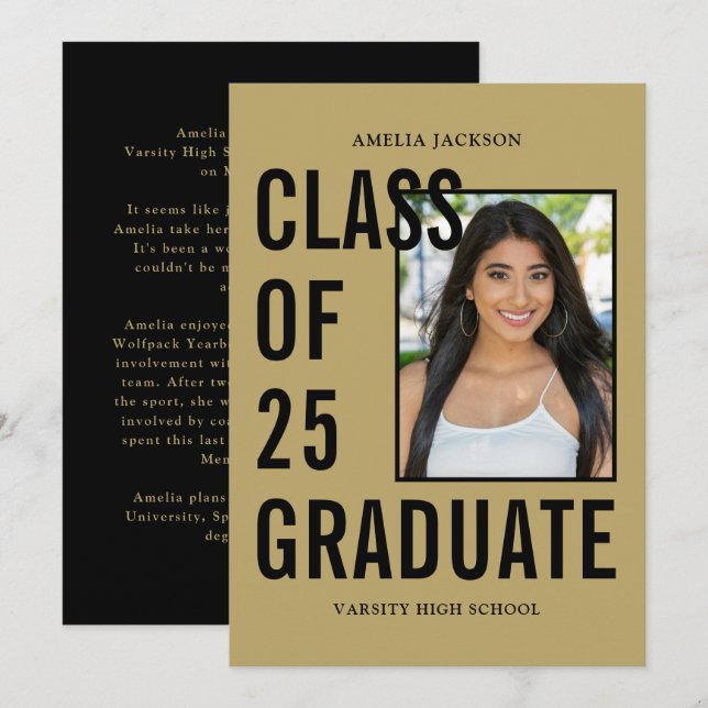 Klass av 25 Svart och Guld Photo Studenten Meddelande (Fram/baksida)