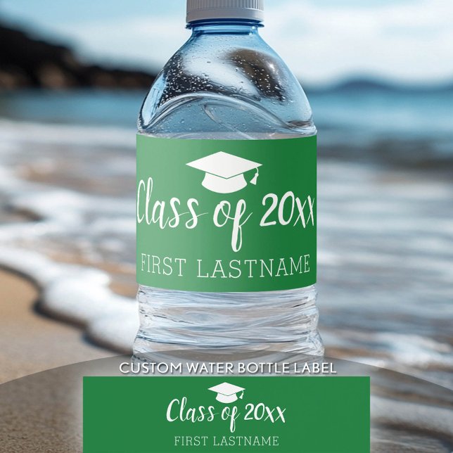 Klass av år och Namn - Grönt av Studentmössa Vattenflaskor Etikett (Custom Graduation Water Bottle Label)