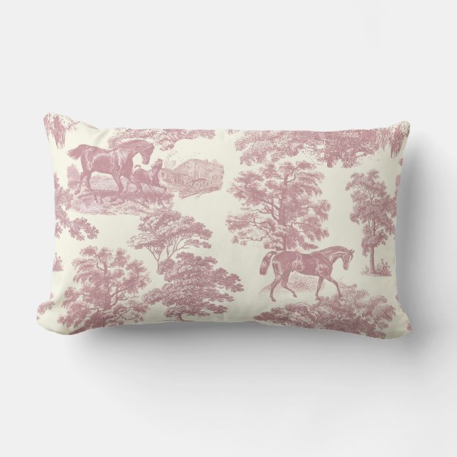 Klass Elegant Chic Rosa Hästar Country Toile Lumbarkudde (Framsida)
