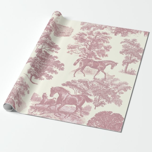 Klass Elegant Chic Rosa Hästar Country Toile Presentpapper (Utrullad)