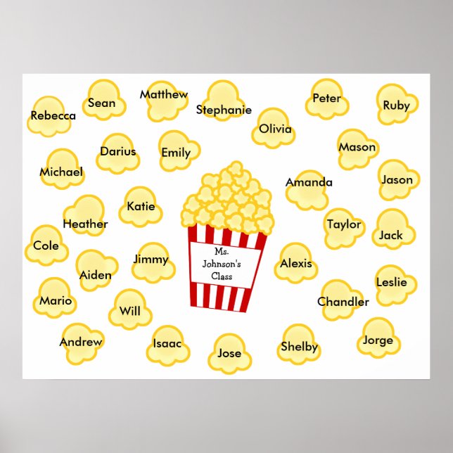 Klass Namn Popcorn Teacher Poster - passar 30 Namn (Framsidan)