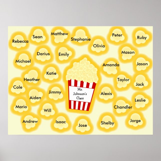 Klass Namn Popcorn Teacher Poster - passar 30 Namn (Framsidan)