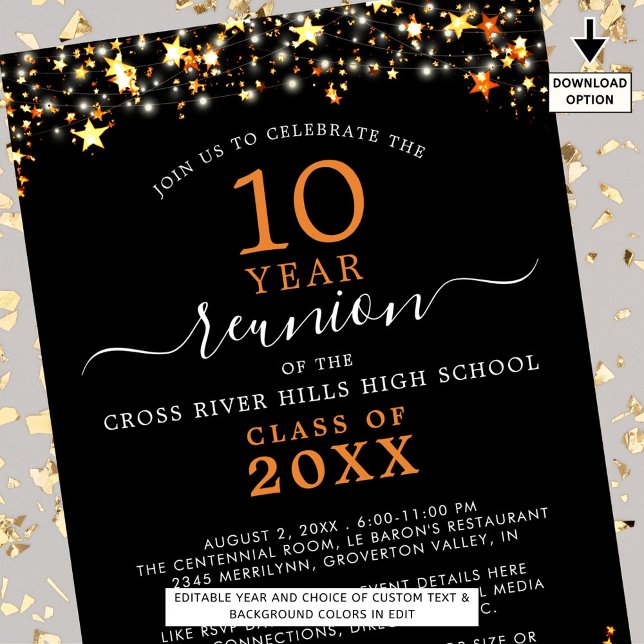 Klass Reunion Black Orange Stars Ljus varje år Inbjudningar (Skapare uppladdad)