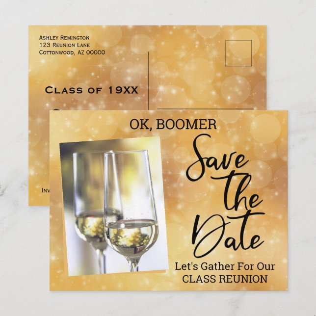 Klass Reunion Spara datum Baby Boomer Champagne Meddelande Vykort (Fram/baksida)