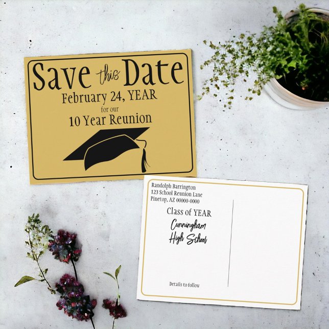 Klassåterförening Spara datum, svart Guld Vykort (Easy to personalize black and gold class reunion save the date announcement. )