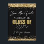 Klassåterförening Svarta och Guld Spara datum Vykort<br><div class="desc">Elegant Faux glitter-färgstänk. All text är justerbar och lätt att ändra för dina egna behov i party. Spara datum,  klassåterförening,  informationswebbplats,  glitter,  svart och guld,  elegant,  modern,  snyggt,  vilken årsmall som helst.</div>