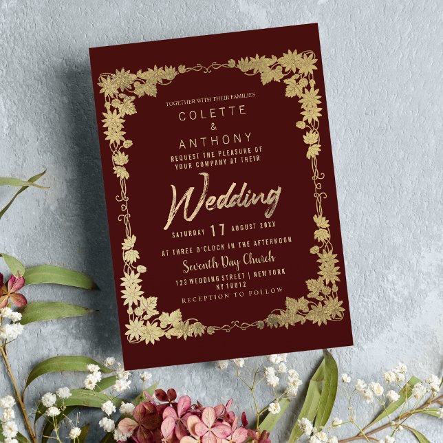 Klassburguny guld blommigt ram gräns Bröllop Inbjudningar (Classy burgundy gold floral frame border Wedding )