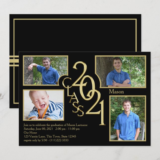 Klassen 2021 Studenten av Quad Photo Black Inbjudningar (Fram/baksida)