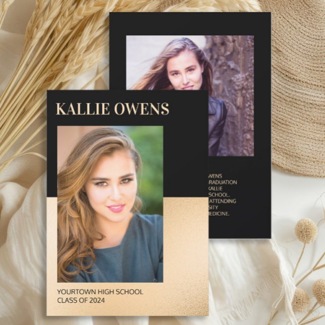 Klassen Black Guld 2024 Photo Studenten (2-photo black and gold graduation announcement)