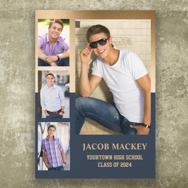 Klassen Blue Guld 2024 High School Photo Meddelande (Navy blue and gold 4-photo graduation announcement)