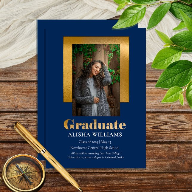 Klassen Elegant Guld Text Student 1 Photo Blue Meddelande (Skapare uppladdad)