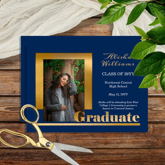Klassen Elegant Guld Text Student 1 Photo Blue Meddelande (Classy Elegant Gold Tone Text "Graduate" One Photo Blue Graduation Announcement - Print | Download)