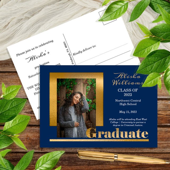 Klassen Elegant Guld Text Student 1 Photo Dk Blue Vykort (Skapare uppladdad)
