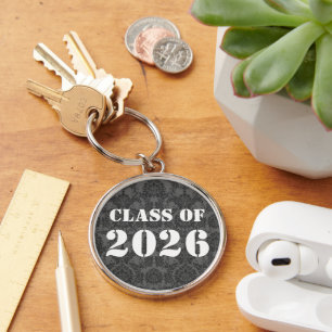Klassen grått & Black Damask i Studenten Rund Silverfärgad Nyckelring