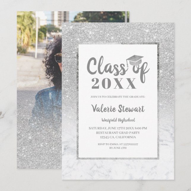 Klassen Marble silver glitter för fotot studenten Inbjudningar (Fram/baksida)