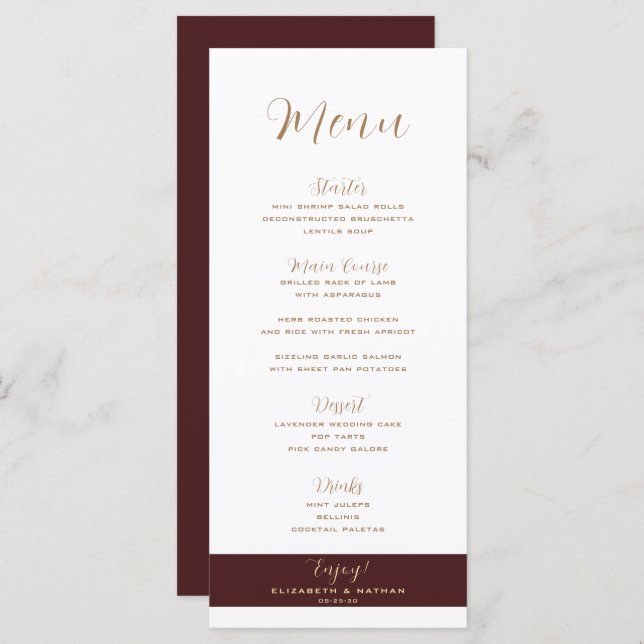 Klassen Minimalist Burgundy & Guld Bröllop Menu Meny (Fram/baksida)