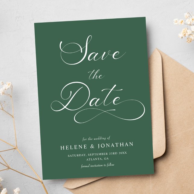 Klassen Minimalist Elegant Forest Grönt Bröllop Spara Datumet (Classy Minimalist Elegant Forest Green Wedding Save The Date)