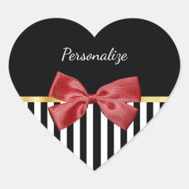 Klassen Red Bow Black and White Rand med Namn Hjärtformat Klistermärke