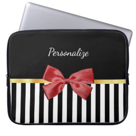 Klassen Red Bow Black and White Rand med Namn Laptop Sleeve
