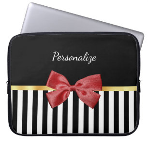 Klassen Red Bow Black and White Rand med Namn Laptop Sleeve