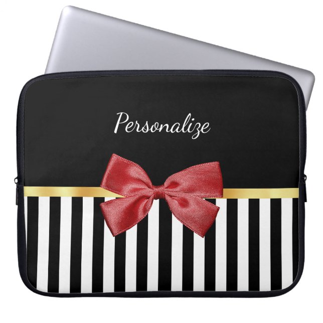 Klassen Red Bow Black and White Rand med Namn Laptop Sleeve (Framsidan)