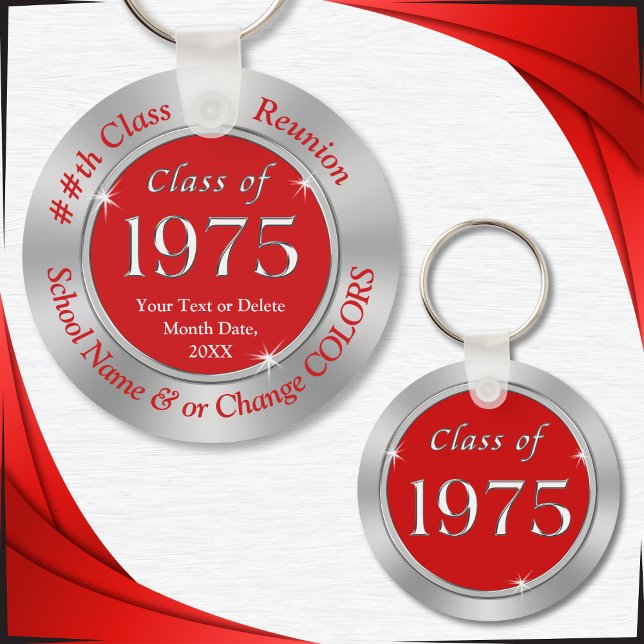 Klassen Red och Silver från 1975 Keychains Persona Nyckelring (Red and Silver Gray, Class of 1975 Reunion Ideas. Class of 75, Keychains as class reunion souvenirs.)