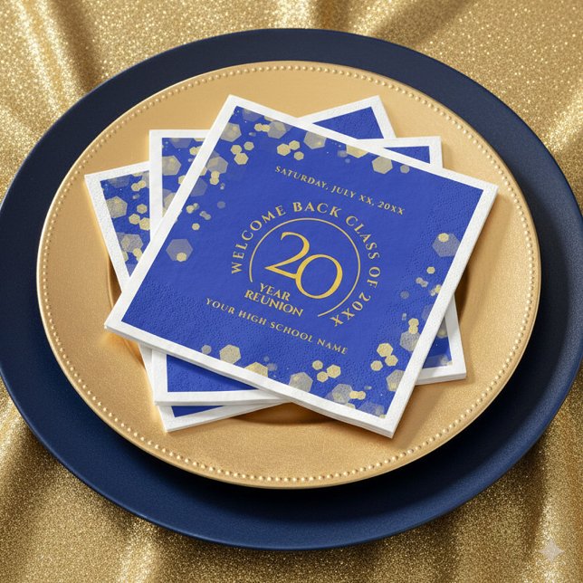 Klassen Reunion för Blue & Guld School College Pappersservett (Elegant 20-Year Class Reunion Royal Blue and Gold Glitter Napkins Cover Photo)