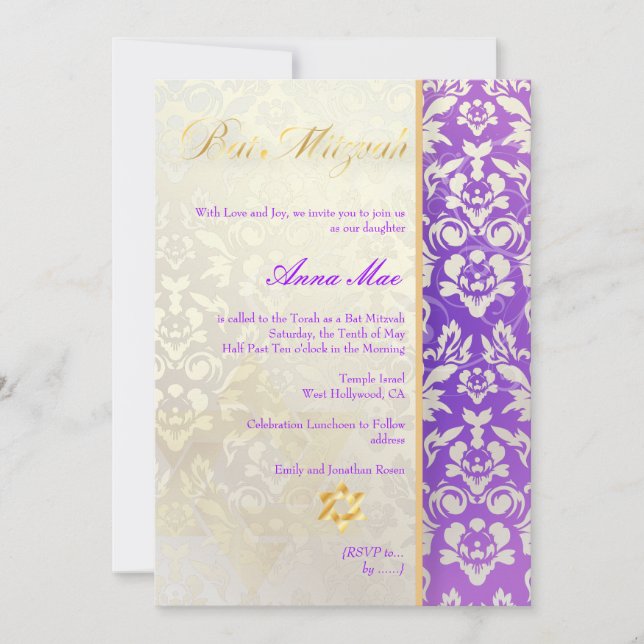 Klassen + Snyggt Damask Bat mitzvah/Lavender Blue Inbjudningar (Framsida)