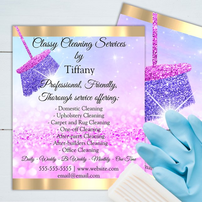 Klassen Städning service House som håller Rosan fe Flygblad (Classy Cleaning Service Maid Purple Silver QRCODE Business Card)