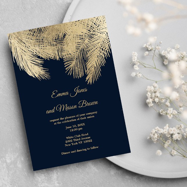 Klassens marinblått guld handflatan träd-tropiska  inbjudningar (Classy navy blue gold palm tree tropical Wedding )