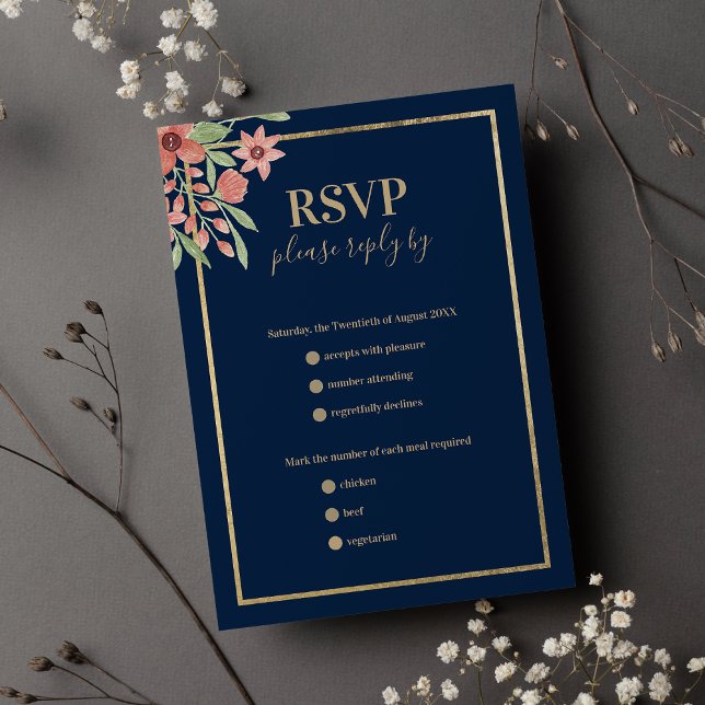 Klassens marinblått guld-korall rosa blommigt bröl OSA kort (Classy navy blue gold coral pink floral wedding RSVP)