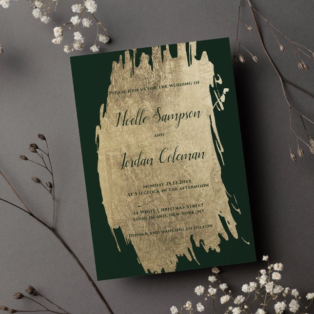 Klassens mörk grönt guld-penseldrag chic bröllop inbjudningar (Classy dark green gold brush strokes chic wedding)