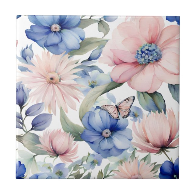 Klassens Rosa och Blue Flower Bunch Kakelplatta (Framsidan)