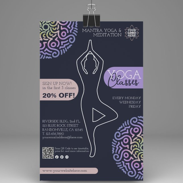 Klasserna elegant Navy Blue Mandala Yoga Flygblad (The best way to promote your yoga studio's classes is with our custom flyers.)