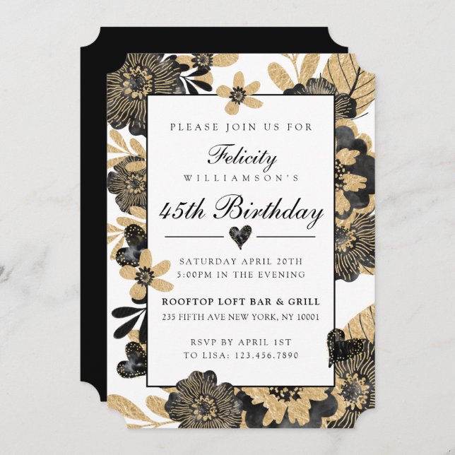 Klassi Chic Blommigt Black Guld Birthday-inbjudan Inbjudningar (Fram/baksida)