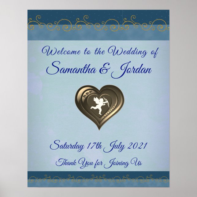 Klassi Cupid i Heart, Blue & Guld Välkommen Poster (Framsidan)