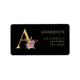 Klassi Guld Monogram A med Rosa Blommigt Adressetikett