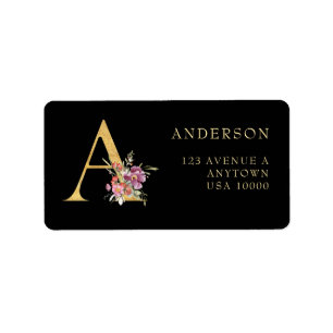 Klassi Guld Monogram A med Rosa Blommigt Adressetikett
