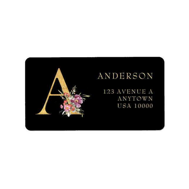 Klassi Guld Monogram A med Rosa Blommigt Adressetikett (Framsidan)