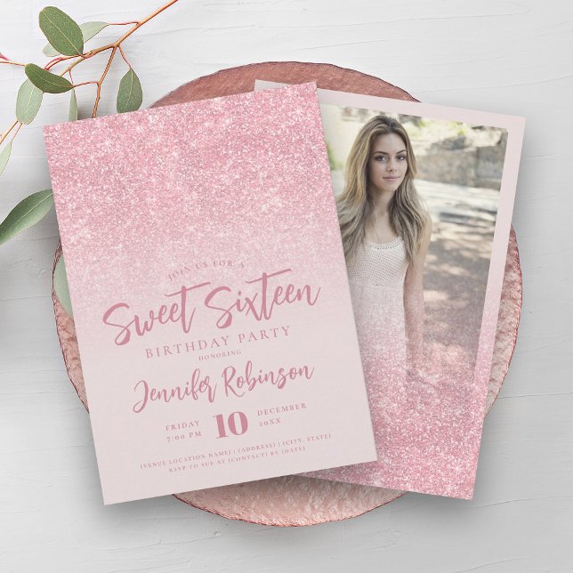 Klassi Ro Guld  fotopapper för Glitter 16 Inbjudningar (Classy Rose Gold Blush Glitter Photo Sweet 16 Invitation)
